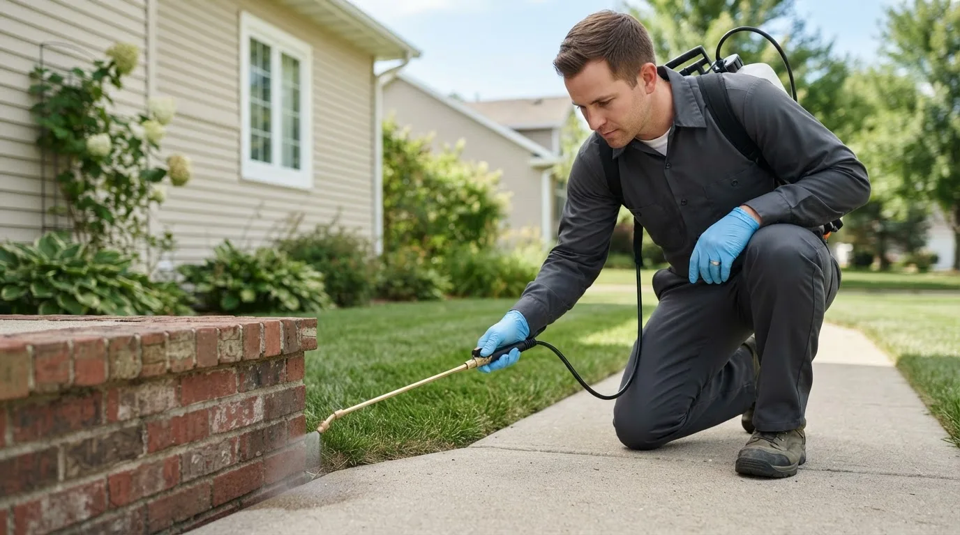 Pest control technician treating a home near Ellettsville, IN