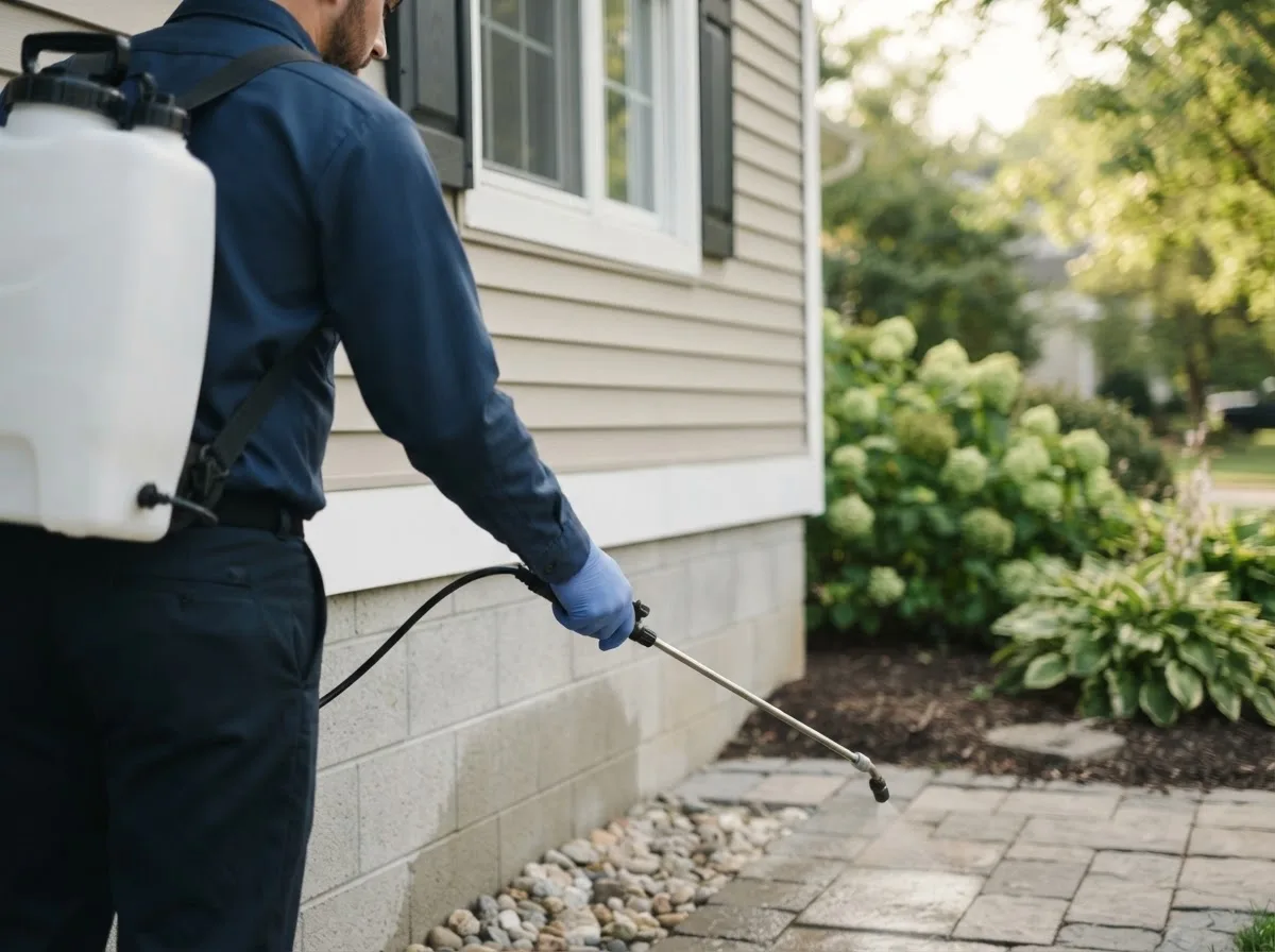 Pest control technician inspecting a home in Ellettsville, IN